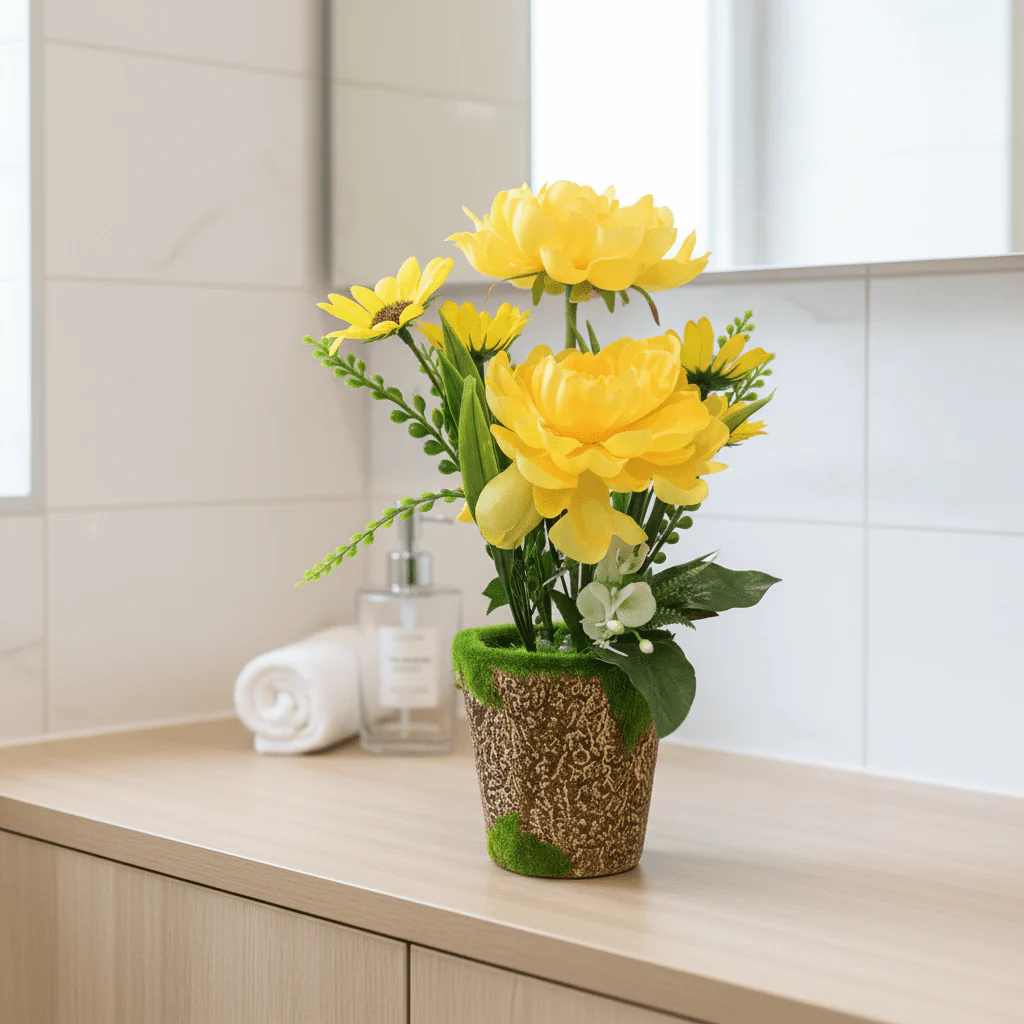 Zeem Yellow Artificial Flower Plant | Elegant Chalk Pot | 30cm | Premium Silk Blooms - Image 3