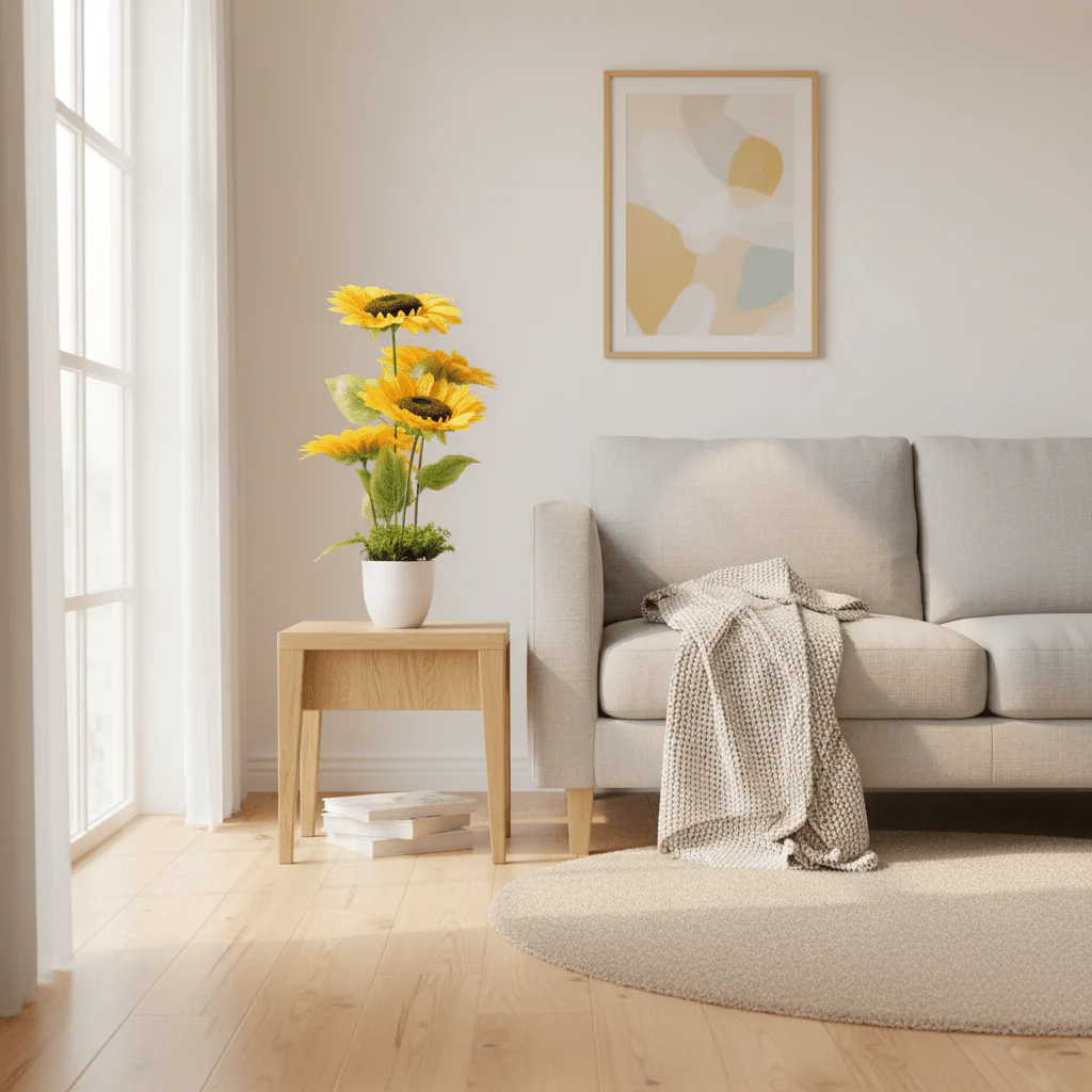 Zeem Yellow Artificial Sunflower Plant | 3-Head Arrangement | 68cm | Elegant White Pot - Image 2