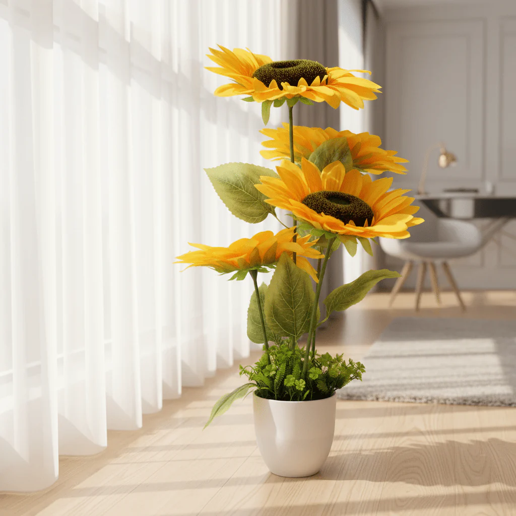 Zeem Yellow Artificial Sunflower Plant | 3-Head Arrangement | 68cm | Elegant White Pot - Image 4