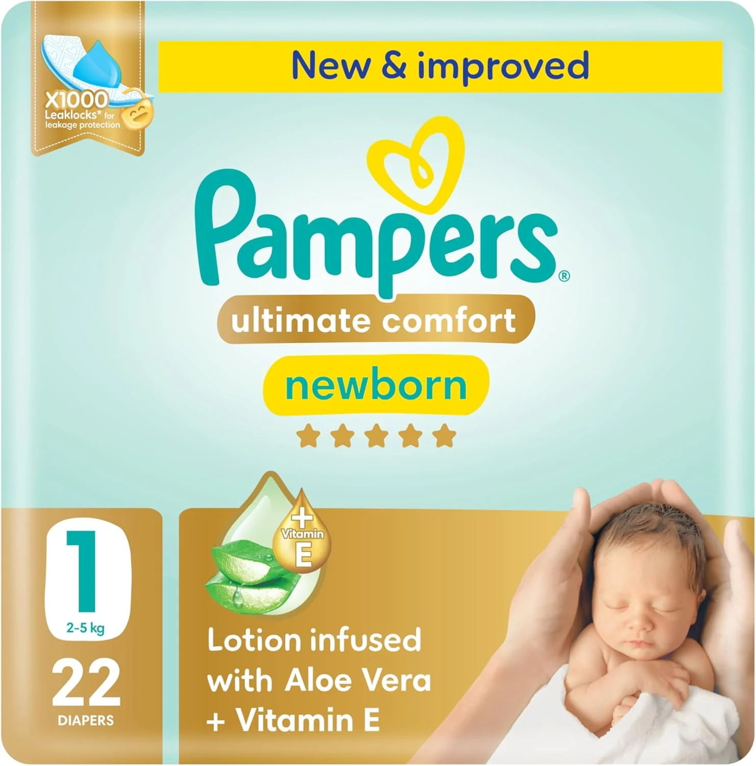 Pampers Ultimate Comfort Taped Diapers, Size 1, 2-5kg, Lotion infused with Aloe Vera and Vitamin E, x1000 Leak Locks Technology for Leakage Protection, Carry Pack, 22 Count
