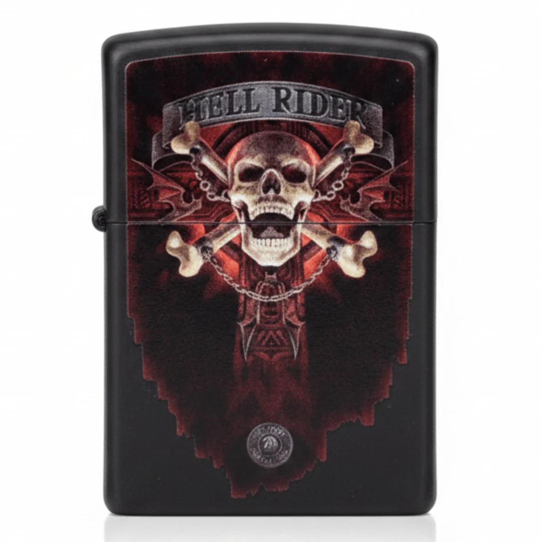 Zippo Black Flip Top Refillable Metal Lighter Hell Rider Skull Artwork Heavy Duty 6×4 cm