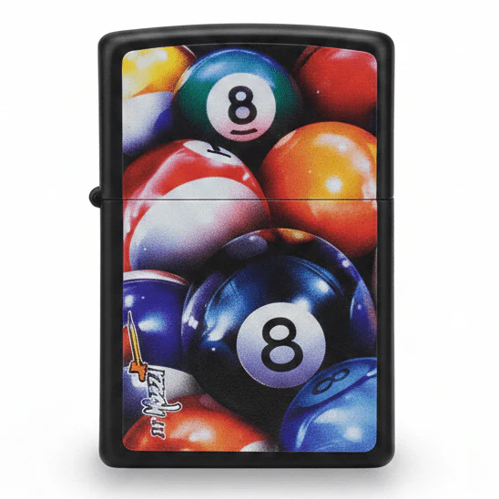 Zippo Black Metal Lighter with Mazzi Eight Ball Graphic Artwork, Refillable Pocket Flip Design (6×4 cm)