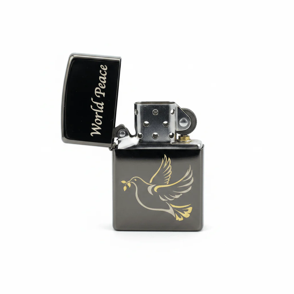 Zippo Silver Flip Top Refillable Metal Lighter World Peace Text Design Giftable 6×4 cm - Image 3