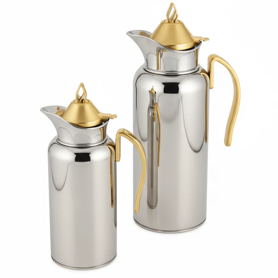 Zolten Linea Elegant Silver Vacuum Flask Set with Luxury Gold Handle, Double Wall Thermal Insulation for Tea & Coffee – 1L + 700ml